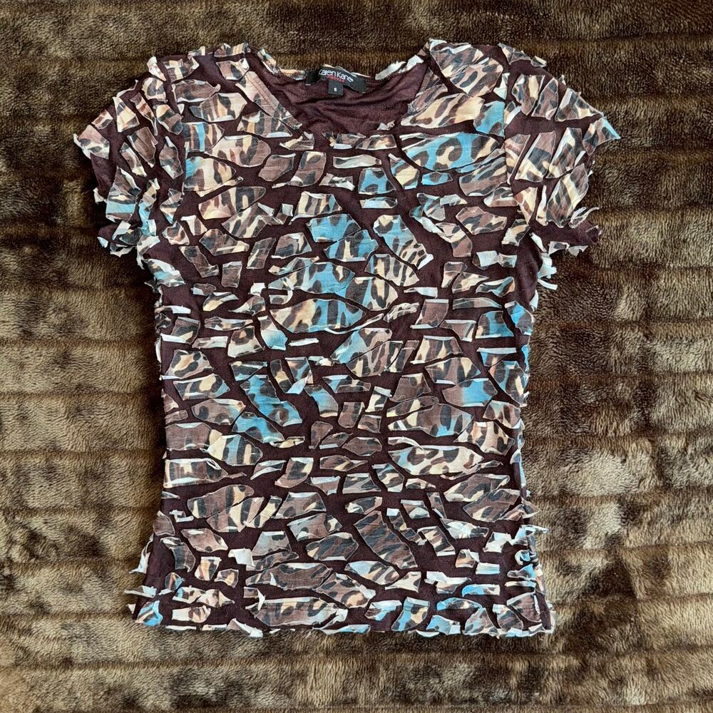 Karen Kane S‎ Brown Stretchy Cap Sleeve Tee with Animal Print Appliques